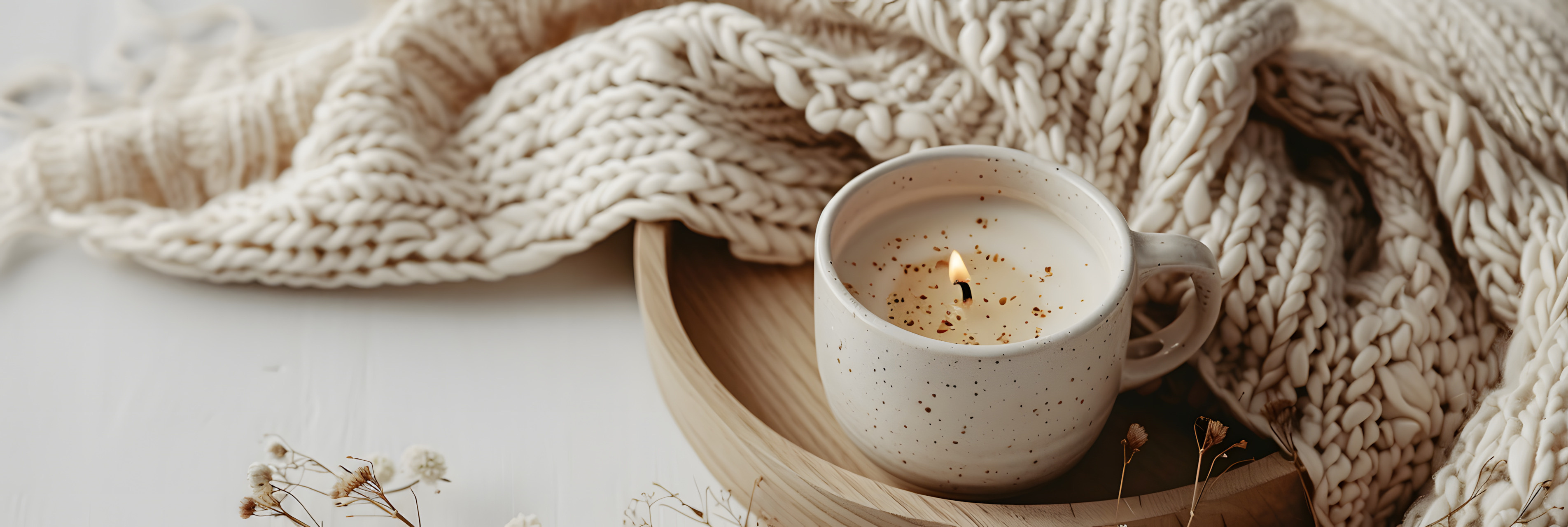 Lit candle in a mug with a chunky knit blanket, calm and comforting