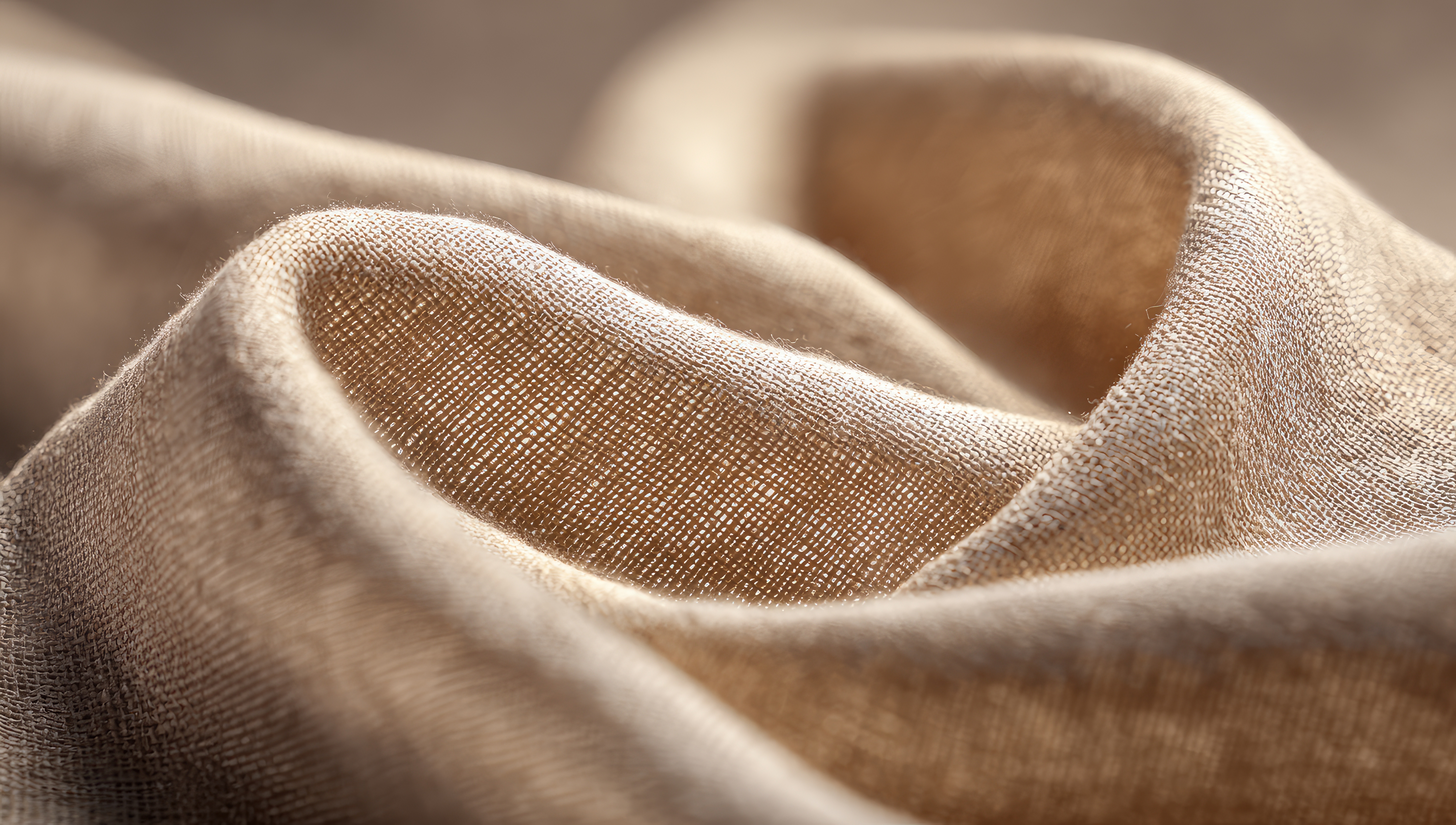 Close-up of soft natural linen fabric in gentle folds, warm neutral tones